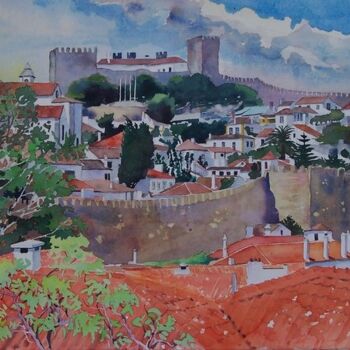 Pittura intitolato "Obidos et ses rempa…" da Claude Marchalot, Opera d'arte originale, Acquarello