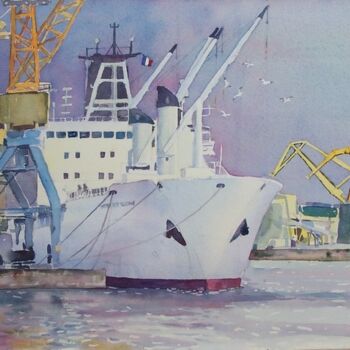 Painting titled "Brest, le cargo Aca…" by Claude Marchalot, Original Artwork, Watercolor