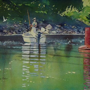 Malerei mit dem Titel "Partie de pêche à l…" von Claude Marchalot, Original-Kunstwerk, Aquarell Auf Andere starre Platte mon…
