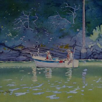 Peinture intitulée "Partie de pêche dan…" par Claude Marchalot, Œuvre d'art originale, Aquarelle Monté sur Autre panneau rig…