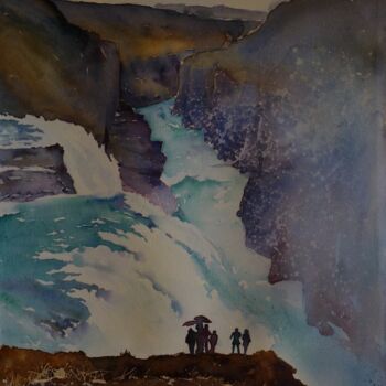 Painting titled "Les chutes de Gullf…" by Claude Marchalot, Original Artwork, Watercolor Mounted on Cardboard