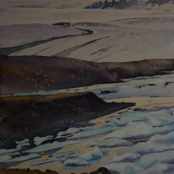 Pintura intitulada "La lagune de Jökuls…" por Claude Marchalot, Obras de arte originais, Aquarela