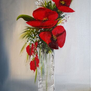 Painting titled "fleurs rouges" by Claude Mornet, Original Artwork