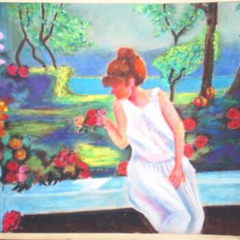 Pintura intitulada "Rêverie au jardin" por Claude Mura, Obras de arte originais