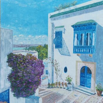 Painting titled "Tunisie Sidi Bou Sa…" by Claude Rollet, Original Artwork, Oil Mounted on Wood Stretcher frame