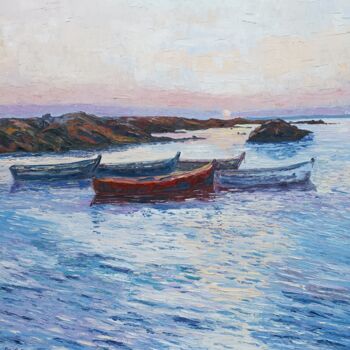 Painting titled "Couché de soleil Br…" by Claude Rollet, Original Artwork, Oil Mounted on Wood Stretcher frame