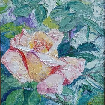 Painting titled "La rose jaune" by Claude Rollet, Original Artwork, Oil Mounted on Wood Panel