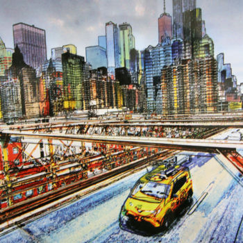 Digital Arts titled "Manhattan and taxi.…" by Claude Corbier, Original Artwork, Digital Painting Mounted on Cardboard