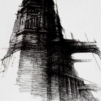 Tekening getiteld "Tour de Babel V" door Claude Duvauchelle, Origineel Kunstwerk, Balpen