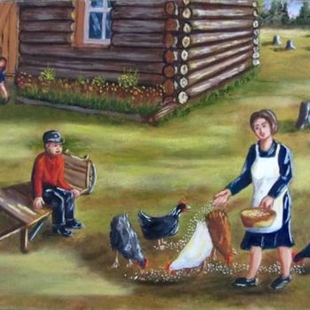 제목이 "Maman et ses poules"인 미술작품 Claude St-Pierre로, 원작, 기름