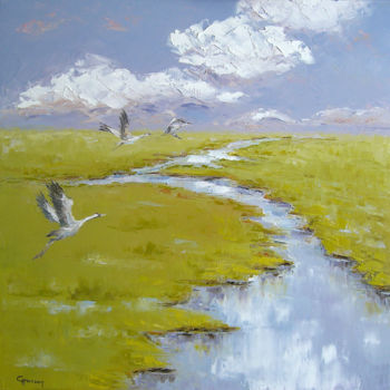Malerei mit dem Titel ""Grey Cranes"" von Claudia Hansen, Original-Kunstwerk, Öl