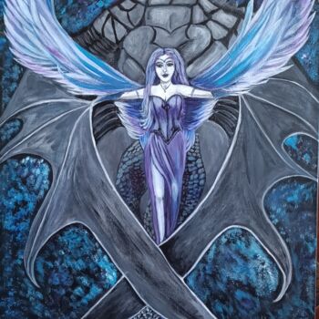 Painting titled "Angel and Dragon" by Claudia Regina Reis, Original Artwork, Acrylic Mounted on Wood Panel