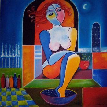 Painting titled "la femme au bain" by Claudie Thedevuide, Original Artwork, Oil