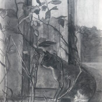 Dessin intitulée "Entre chien et loup" par Claudine Coutant, Œuvre d'art originale, Fusain