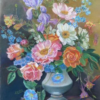 Tekening getiteld "bouquet d'après Alb…" door Claudine Marquet, Origineel Kunstwerk, Pastel