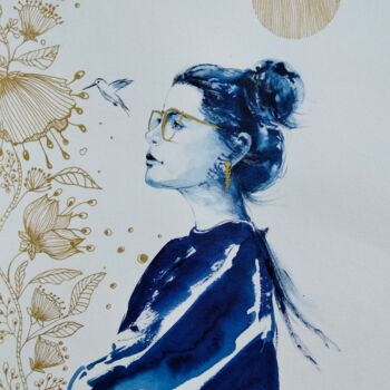Schilderij getiteld "Le colibri" door Claudine Sieurin, Origineel Kunstwerk, Inkt