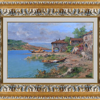 Peinture intitulée "Houses on the lake…" par Claudio Pallini, Œuvre d'art originale, Huile Monté sur Autre panneau rigide