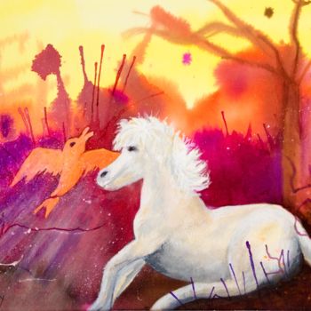 Pittura intitolato "Le cheval et la mou…" da Claudy, Opera d'arte originale, Acquarello
