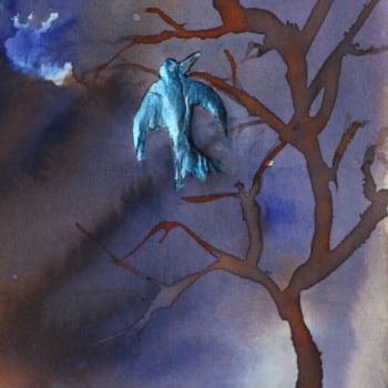 Painting titled "oiseau-bleu" by Claudy, Original Artwork, Ink