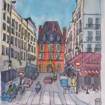 Peinture intitulée "La place des Vosges…" par Clémence Bedu, Œuvre d'art originale, Aquarelle