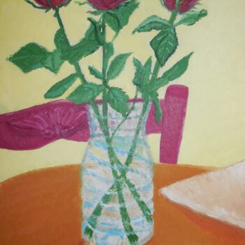 Schilderij getiteld "Trois Roses Rouges…" door Clémence C., Origineel Kunstwerk, Gouache