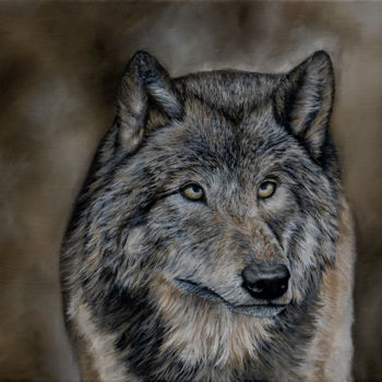 Painting titled "Loup" by Clemence Pressac, Original Artwork, Oil Mounted on Wood Stretcher frame