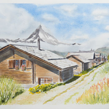 Pittura intitolato "Zermatt, sur le sen…" da Clément Leblanc (Chablais Aquarelles), Opera d'arte originale, Acquarello