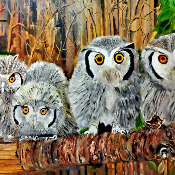 Painting titled "Four Snow Owls in F…" by Clement Tsang, Original Artwork, Oil