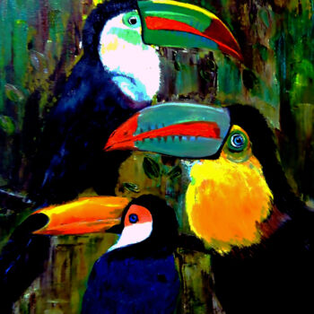 Painting titled "Three Toucans in th…" by Clement Tsang, Original Artwork, Oil