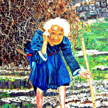 Peinture intitulée "O-An Old Woman Pick…" par Clement Tsang, Œuvre d'art originale, Huile