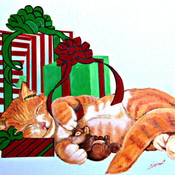 Schilderij getiteld "Cat and Mice Sleepi…" door Clement Tsang, Origineel Kunstwerk, Olie
