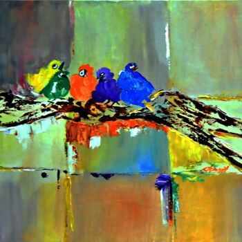 Painting titled "Five Baby Birds Sin…" by Clement Tsang, Original Artwork, Oil