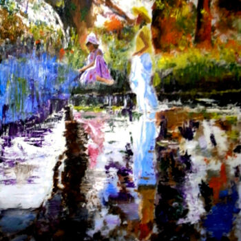 Painting titled "Two girls playing i…" by Clement Tsang, Original Artwork, Acrylic