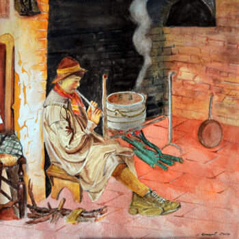 Rysunek zatytułowany „Boy Blowing pipe in…” autorstwa Clement Tsang, Oryginalna praca, Akwarela