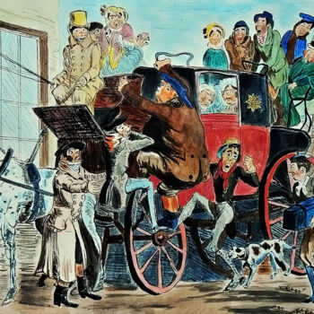 Disegno intitolato "Horse Cart Station" da Clement Tsang, Opera d'arte originale, Acquarello