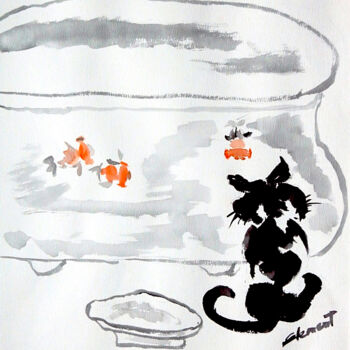 Painting titled "Cat and Fish" by Clement Tsang, Original Artwork, Watercolor