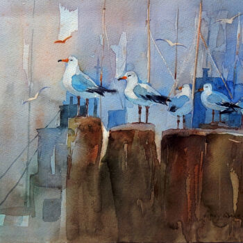 Drawing titled "Sea Birds at the Pi…" by Clement Tsang, Original Artwork, Watercolor