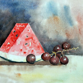 Painting titled "Grapes and Watermel…" by Clement Tsang, Original Artwork, Watercolor