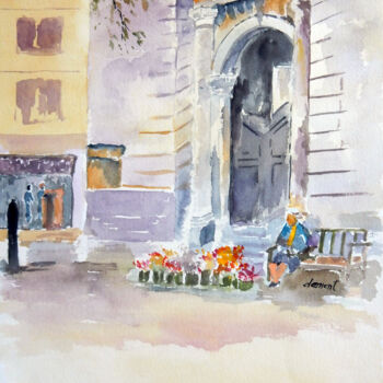 Painting titled "Woman Selling Flower" by Clement Tsang, Original Artwork, Watercolor