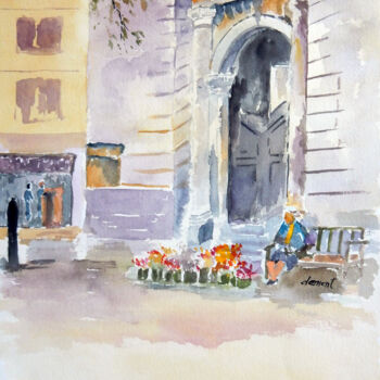 Schilderij getiteld "Woman Selling Flower" door Clement Tsang, Origineel Kunstwerk, Aquarel