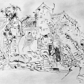 Dessin intitulée "The Old Village in…" par Clement Tsang, Œuvre d'art originale, Fusain