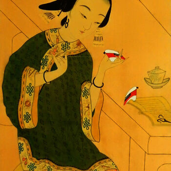 Pittura intitolato "Chinese lady Stitch…" da Clement Tsang, Opera d'arte originale, Acquarello