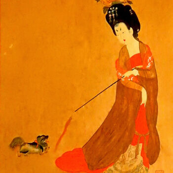 Schilderij getiteld "My Lady and Dog" door Clement Tsang, Origineel Kunstwerk, Aquarel