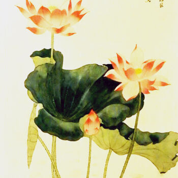 Картина под названием "Yuangyang and Lotus" - Clement Tsang, Подлинное произведение искусства, Акварель