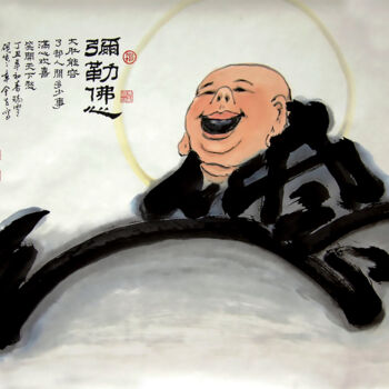 제목이 "The Happy Monk I"인 미술작품 Clement Tsang로, 원작, 수채화