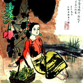 Peinture intitulée "Lady Selling Banana" par Clement Tsang, Œuvre d'art originale, Aquarelle