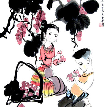 Peinture intitulée "Boy and Girl Eating…" par Clement Tsang, Œuvre d'art originale, Aquarelle