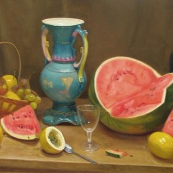 Pintura titulada "Melancia com Vaso d…" por Clodoaldo Martins, Obra de arte original, Oleo
