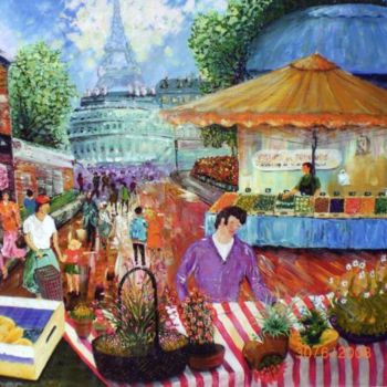 Painting titled "Marché à Paris" by Cloper, Original Artwork, Acrylic Mounted on Wood Stretcher frame