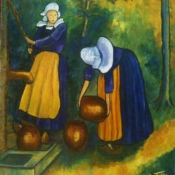 Painting titled "Porteuses d'eau Pon…" by Clo Tilly, Original Artwork, Oil